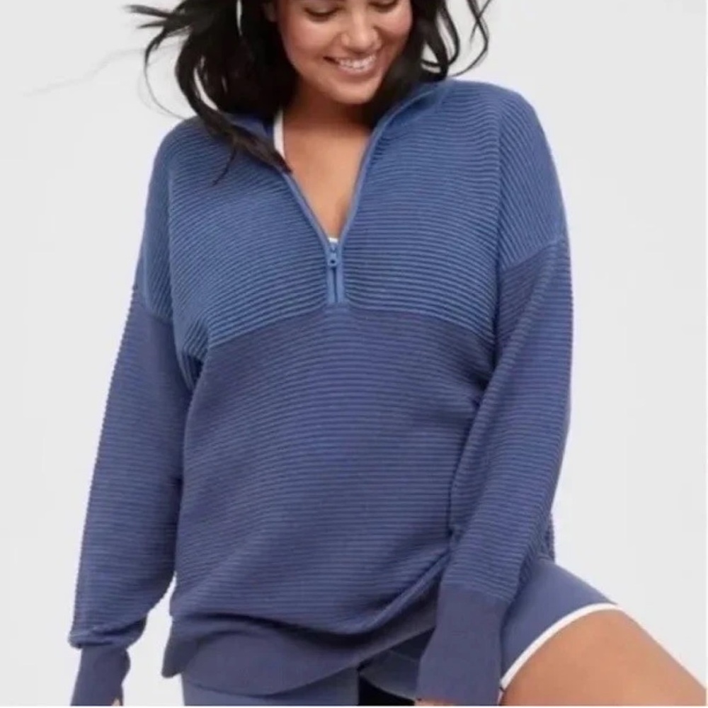 OFFLINE by Aerie Home Stretch Ribbed Quarter Zip Pullover Blue S